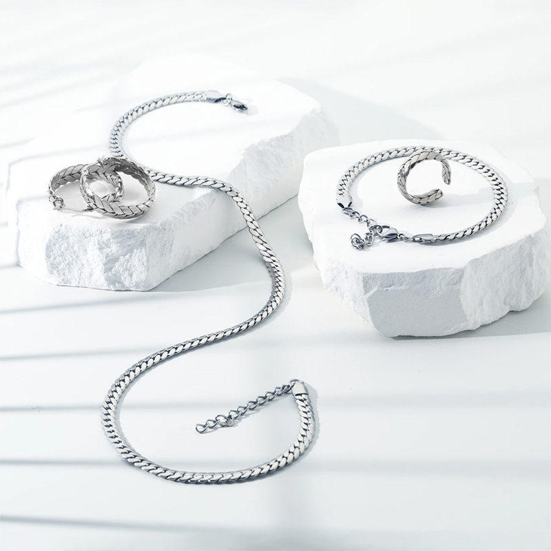 925 Silver Flat Chain Jewelry Set 4pcs